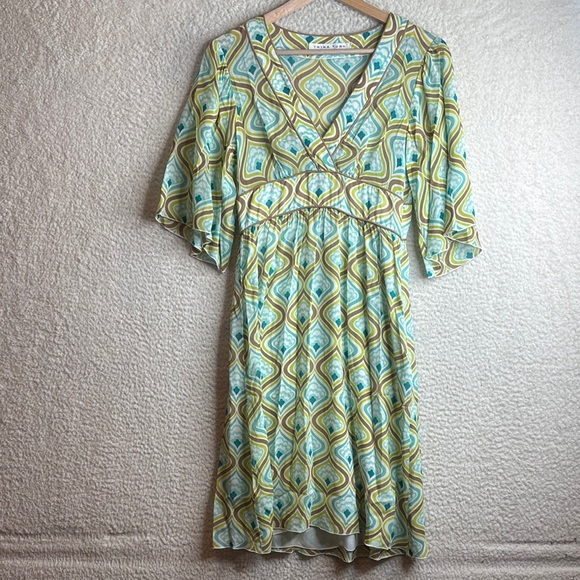 Trina Turk Womens Blue And Brown Printed V Neck Mini Silk Dress Size？ - Picture 1 of 9